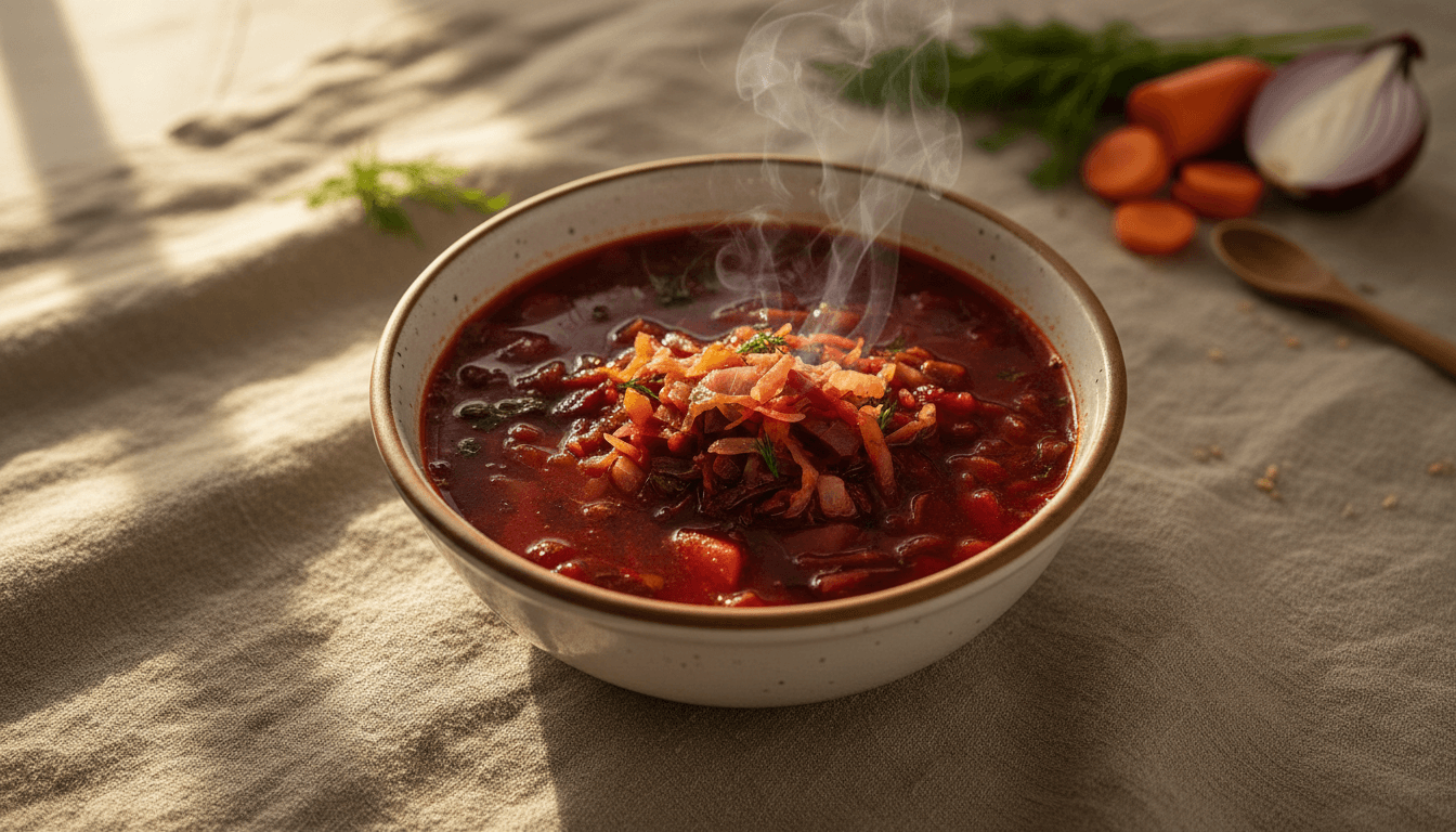 A steaming bowl of Mijule Provision's premium borsch soup, showcasing rich bone broth and clean ingredients